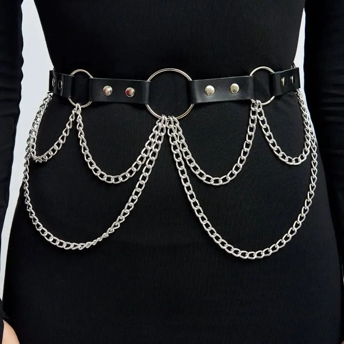 Metal chain o ring PU leather belt  | Festival Outfits Women