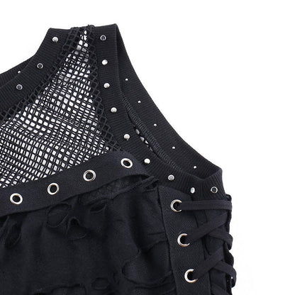 Crewneck fishnet buckle hollow out lace up tank cut out top  | Festival Outfits Women
