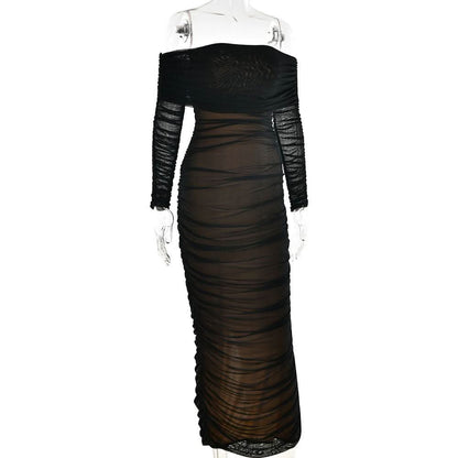 Off shoulder long sleeve slit mesh ruched maxi dress  | Festival Outfits Women