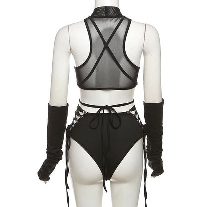 High neck o ring hollow out lace up gloves bodysuit  | Festival Outfits Women