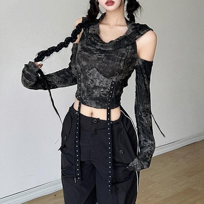 Long sleeve hoodie off shoulder buckle crop top  | Festival Outfits Women
