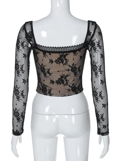 Long sleeve square neck lace patchwork top  | Festival Outfits Women