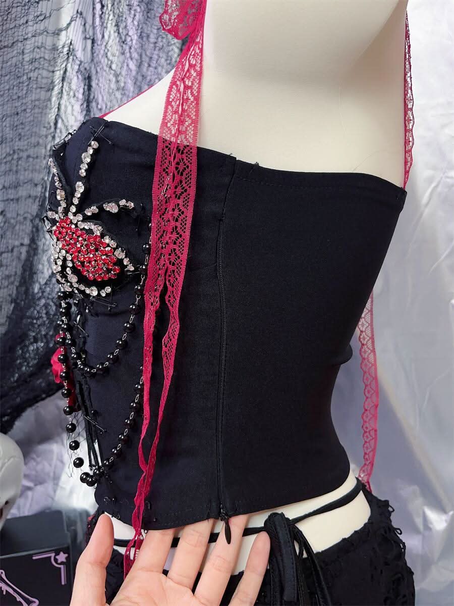 Spider pattern beaded lace hem cami top  | Festival Outfits Women