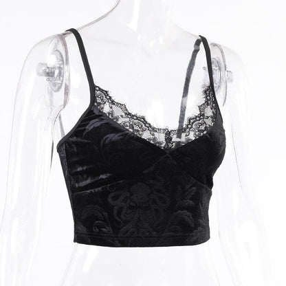 Velvet pattern eyelash lace v neck cami top