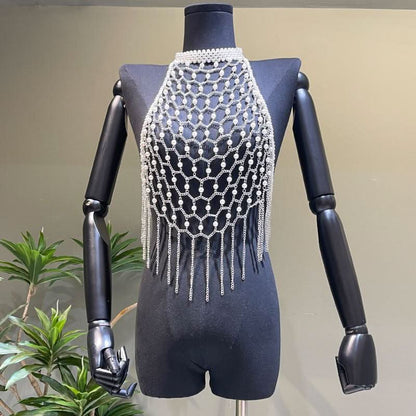 Halter metal chain beaded tassels backless hollow out cut out top  | Festival Outfits Women
