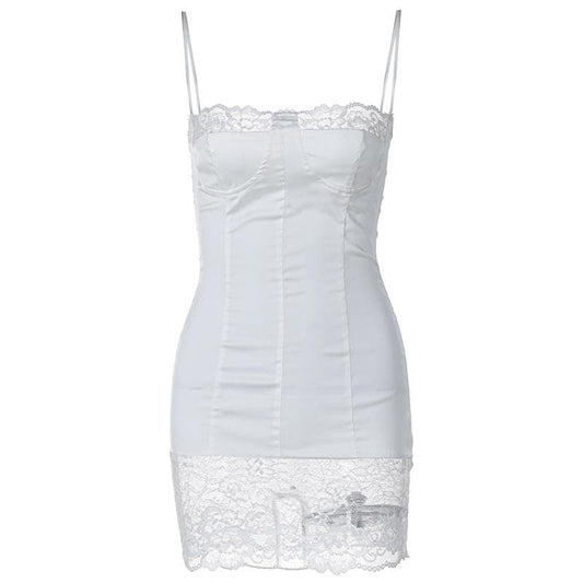 Lace patchwork stitch zip-up backless cami mini dress  | Festival Outfits Women