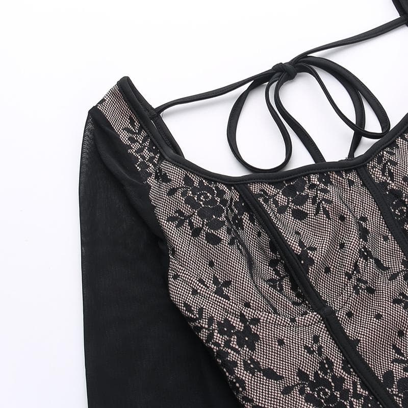Lace contrast corset long sleeve zip-up self tie top  | Festival Outfits Women