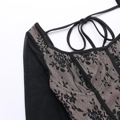 Lace contrast corset long sleeve zip-up self tie top  | Festival Outfits Women