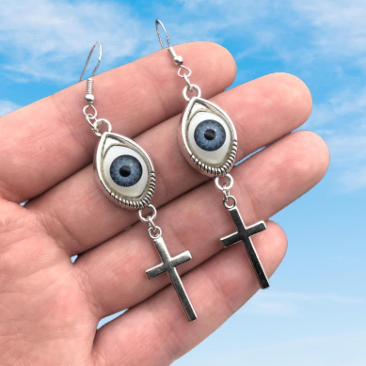 Blue eyes decor cross pendant drop earrings  | Festival Outfits Women