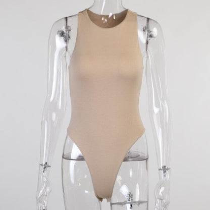 Double layered open back solid round neck sleeveless bodysuit