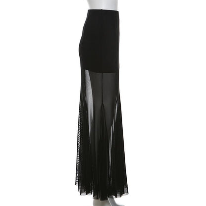 Mesh patchwork stitch solid maxi skirt  | Festival Outfits Women