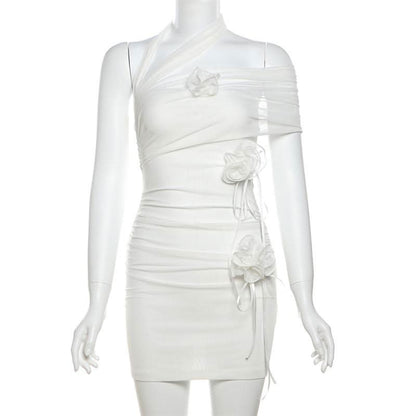 Halter flower applique mesh mini dress  | Festival Outfits Women