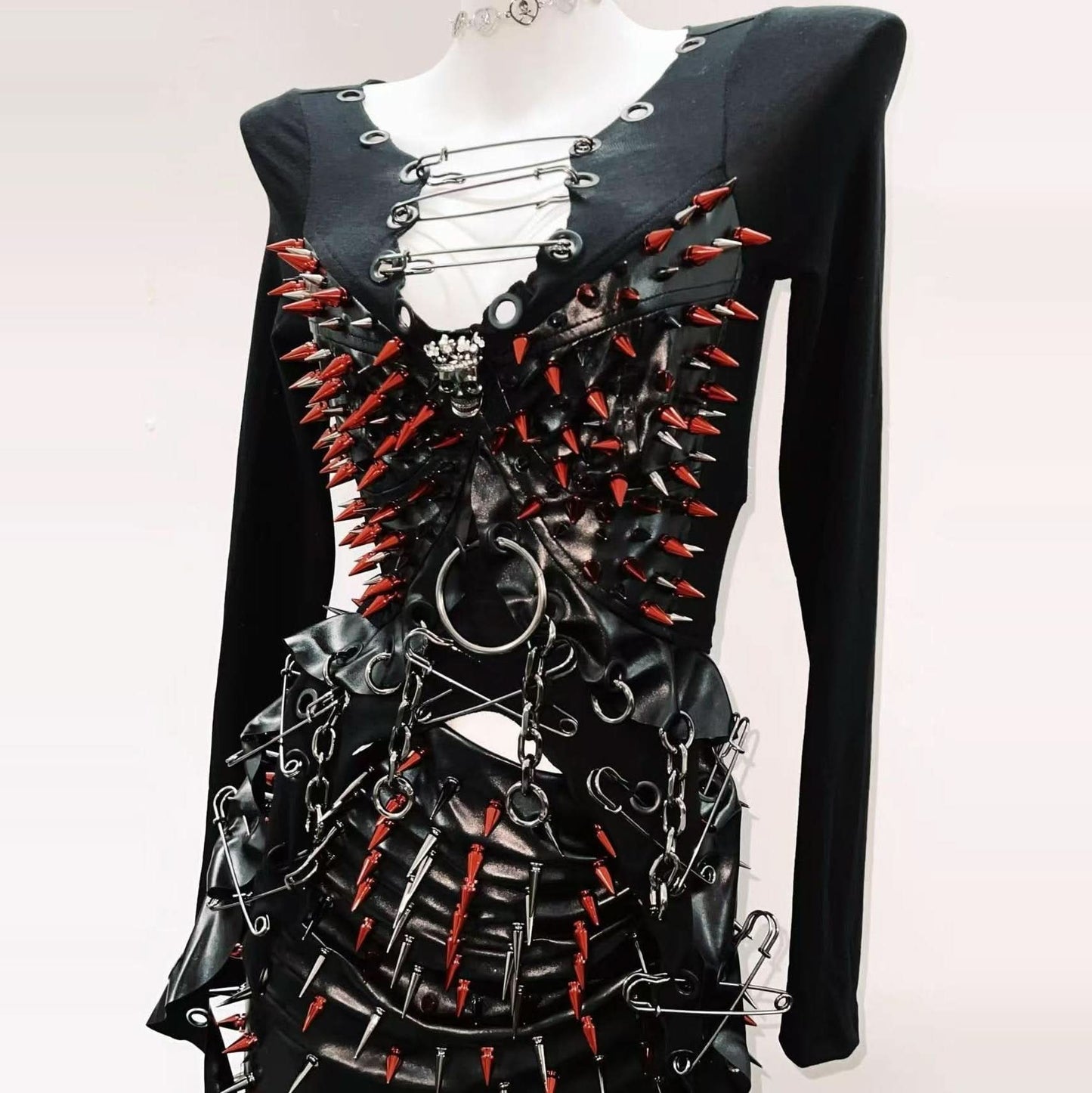 Long sleeve rivet metal chain PU leather top  | Festival Outfits Women