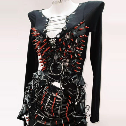 Long sleeve rivet metal chain PU leather top  | Festival Outfits Women