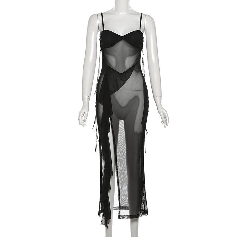 Sweetheart neck ruffle high slit sheer mesh cami midi dress  | Festival Outfits Women