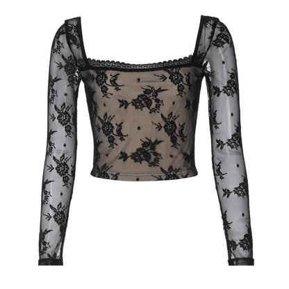 Long sleeve square neck lace patchwork top  | Festival Outfits Women