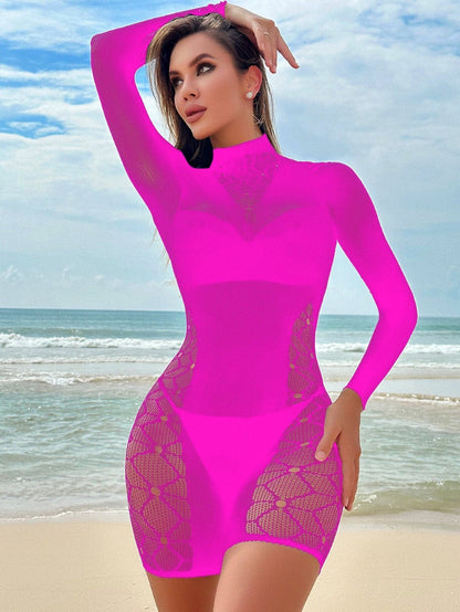 Long sleeve backless high neck net patchwork bodystocking  | Festival Outfits Women
