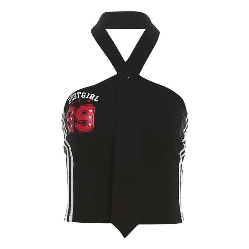 Halter button “99” pattern contrast backless crop top  | Festival Outfits Women