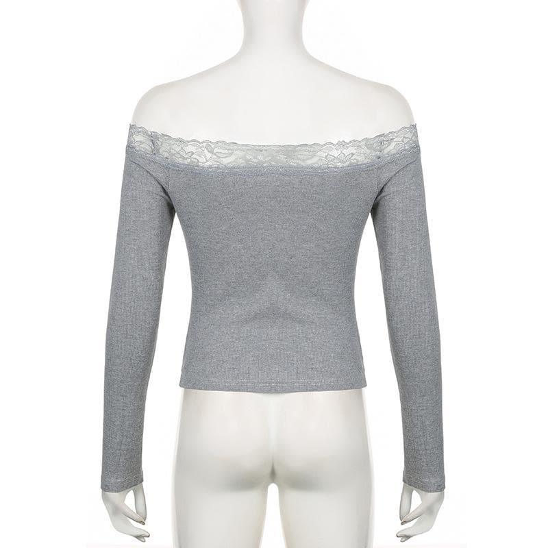 Long sleeve off shoulder ribbed heart pattern lace hem top  | Festival Outfits Women