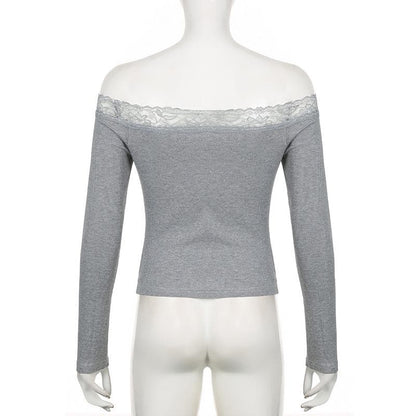 Long sleeve off shoulder ribbed heart pattern lace hem top  | Festival Outfits Women