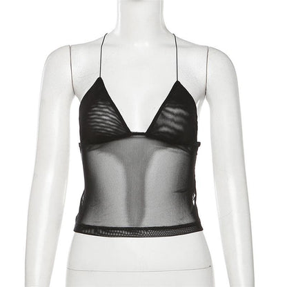 Sheer mesh butterfly applique see through backless solid top  | Festival Outfits Women