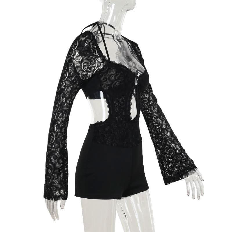 Long sleeve halter self tie lace hollow out romper  | Festival Outfits Women