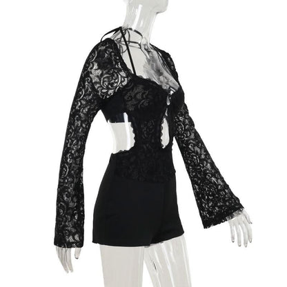 Long sleeve halter self tie lace hollow out romper  | Festival Outfits Women