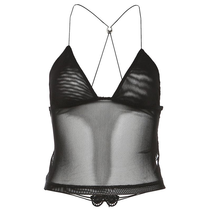Sheer mesh butterfly applique see through backless solid top  | Festival Outfits Women