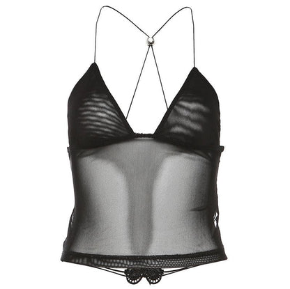 Sheer mesh butterfly applique see through backless solid top  | Festival Outfits Women
