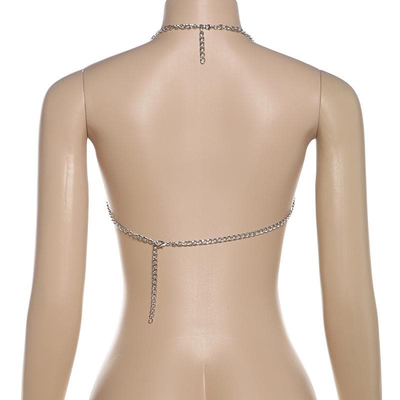 Halter layered metal chain hollow out backless cut out top  | Festival Outfits Women