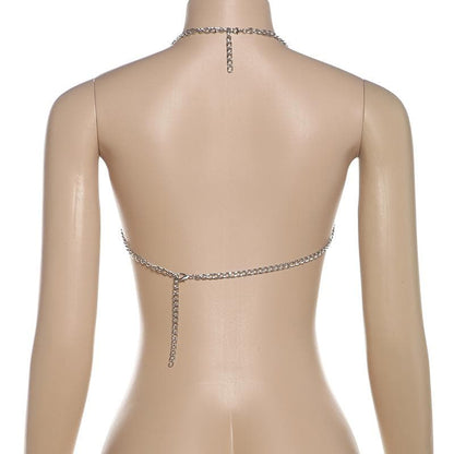 Halter layered metal chain hollow out backless cut out top  | Festival Outfits Women