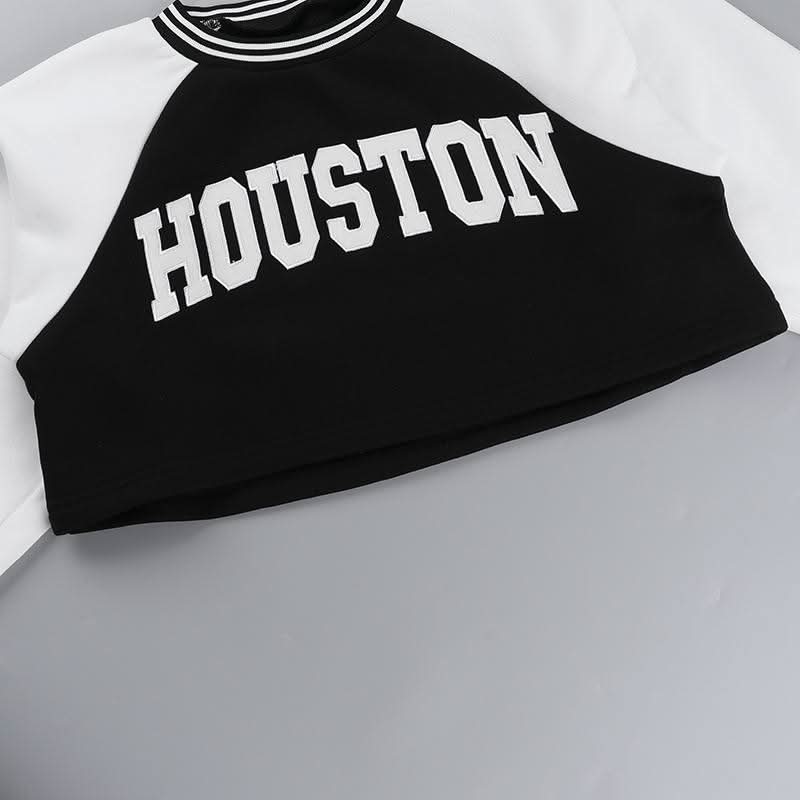 Long sleeve crewneck letter pattern crop mini skirt set  | Festival Outfits Women