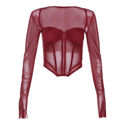 Corset mesh long sleeve solid ruched square neck crop top | Mesh Long Sleeve Crop Top  | Festival Outfits Women