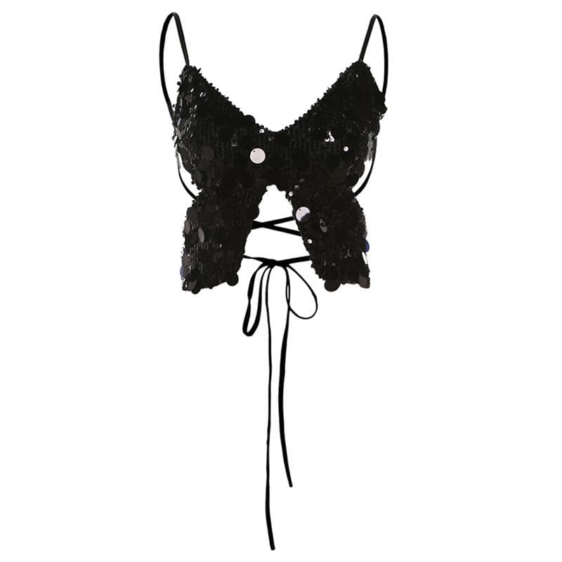 Butterfly pattern glitter lace up cami top  | Festival Outfits Women