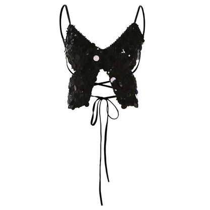 Butterfly pattern glitter lace up cami top  | Festival Outfits Women