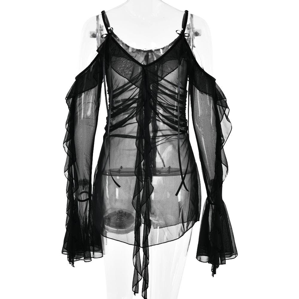 Long flared sleeve Off shoulder sheer mesh ruffle mini dress  | Festival Outfits Women