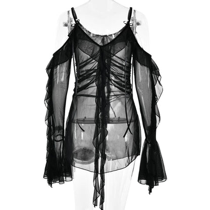 Long flared sleeve Off shoulder sheer mesh ruffle mini dress  | Festival Outfits Women