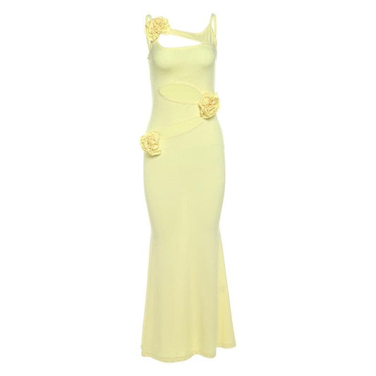 Hollow out rose applique solid cami cut out maxi dress  | Festival Outfits Women