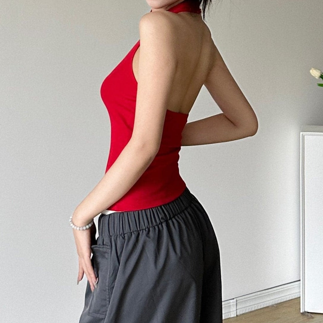 Halter backless flower applique solid top  | Festival Outfits Women