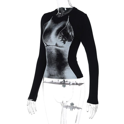 Long sleeve contrast body print crewneck top  | Festival Outfits Women