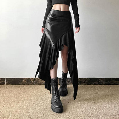 PU leather patchwork irregular midi skirt Cargo Mini Skirt  | Festival Outfits Women