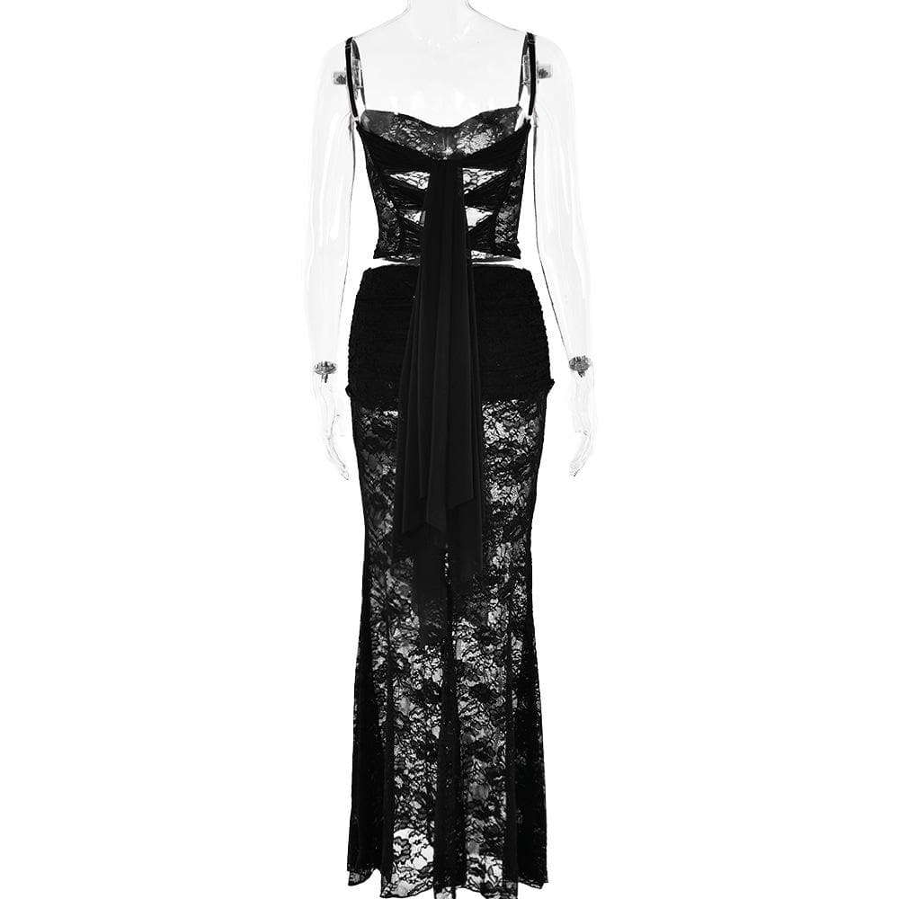 Sweetheart neck ruffle lace see through cami maxi skirt set  | Festival Outfits Women