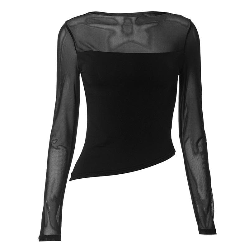 Mesh patchwork irregular solid long sleeve top  | Festival Outfits Women