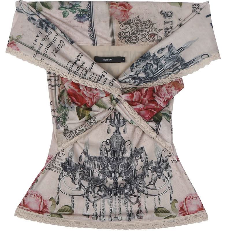 Off shoulder lace hem knotted flower print top  | Festival Outfits Women