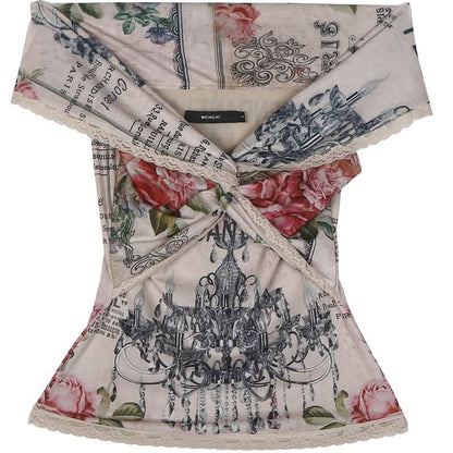 Off shoulder lace hem knotted flower print top  | Festival Outfits Women