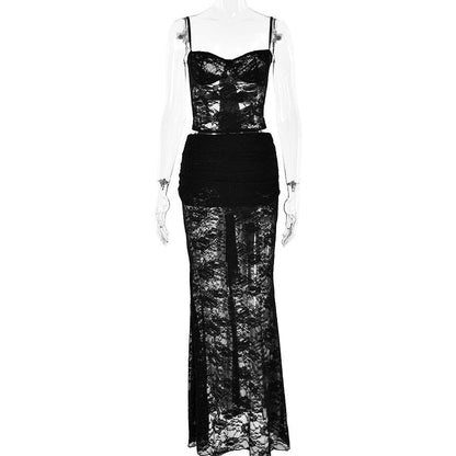 Sweetheart neck ruffle lace see through cami maxi skirt set  | Festival Outfits Women