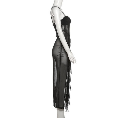 Sweetheart neck ruffle high slit sheer mesh cami midi dress  | Festival Outfits Women