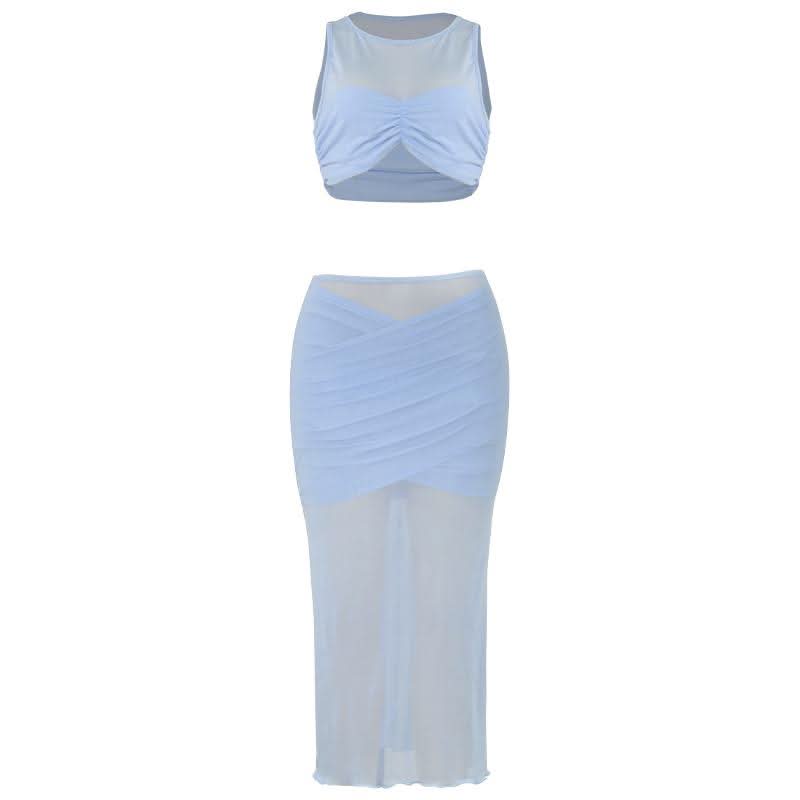 Crewneck sleeveless ruched mesh crop maxi skirt set  | Festival Outfits Women