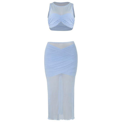 Crewneck sleeveless ruched mesh crop maxi skirt set  | Festival Outfits Women