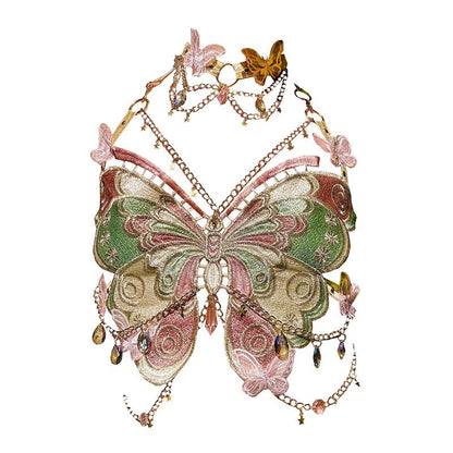 Butterfly embroidery metal chain halter top with choker  | Festival Outfits Women
